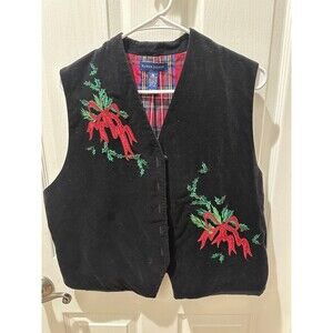 Vintage Karen Scott Vest Women's Large Black Christmas Velvet Button Vest Snow